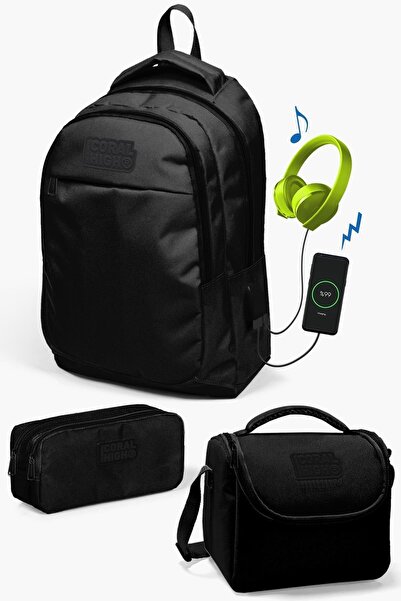 Coral High Kids Black USB 3-Piece School Bag Set SET0124312