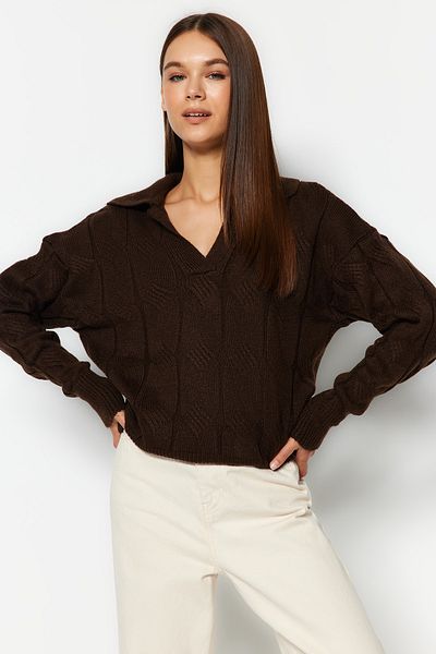 Trendyol Collection Brown Soft Textured Hair Knit Polo Collar Knitwear Sweater TWOAW24KZ00109