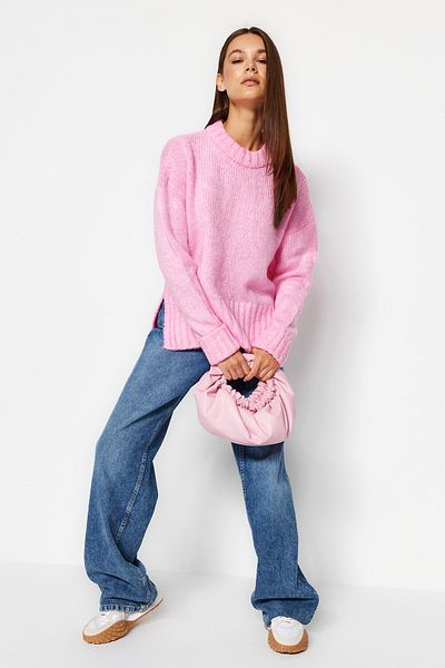 Trendyol Collection Rosa, weich strukturierter, dicker Strickpullover mit Rundhalsausschnitt TWOAW24KZ00281