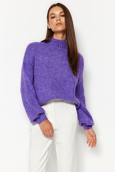 Trendyol Collection Lila, puha textúrájú, vastag nyakú, kötött pulóver TWOAW24KZ00290