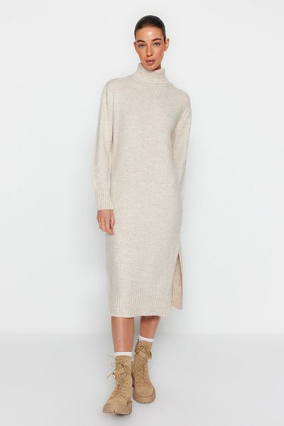 Trendyol Collection Stone Midi Knitwear Wide Fit Weich strukturiertes Kleid TWOAW24EL00034