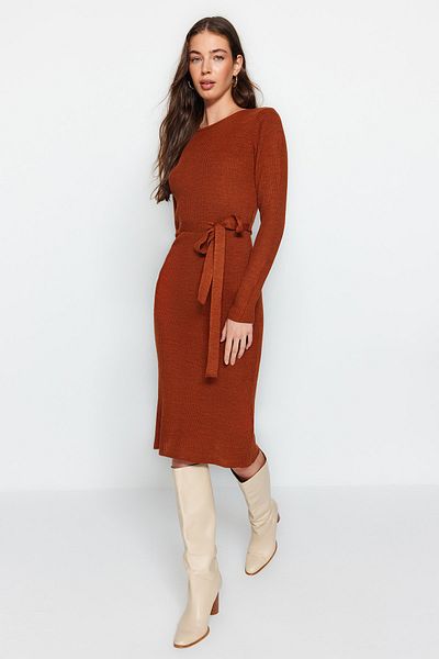 Trendyol Collection Πλακάκι Μίντι Πλεκτά Ζώνη Λεπτομερές Φόρεμα TWOAW22EL0009
