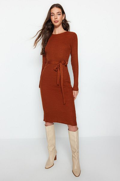 Trendyol Collection Πλακάκι Μίντι Πλεκτά Ζώνη Λεπτομερές Φόρεμα TWOAW22EL0009