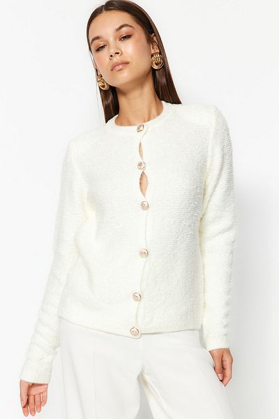Trendyol Collection Weich strukturierter Strick-Cardigan in Ecru – Jackenoptik mit Accessoires TWOAW24HI00039