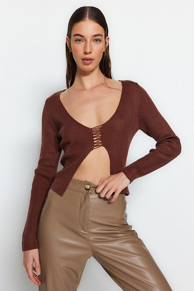 Trendyol Collection Brown Crop V-Neck Knitwear Sweater TWOAW24KZ01083