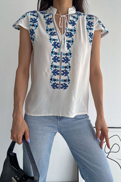 FEMELLE Women's New Season Tie Collar Embroidery Cotton Blouse