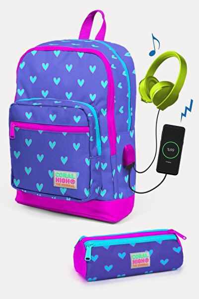 Coral High Kids Lavanta Pembe Kalp Desenli USB'li 2'li Okul Çanta Seti SET022...