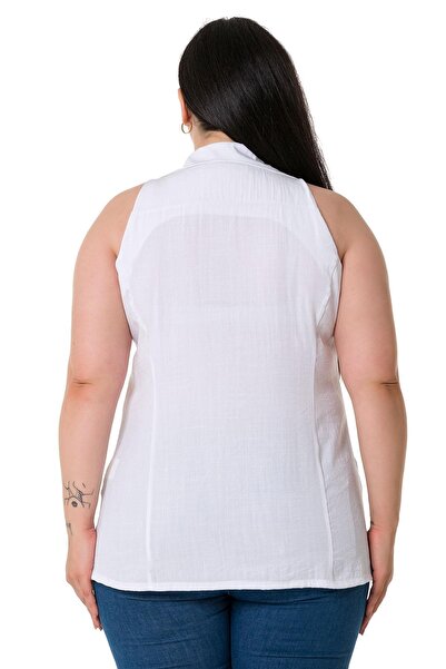 DISENTIS MODEST Plus Size Halter Collar Sleeveless White Shirt