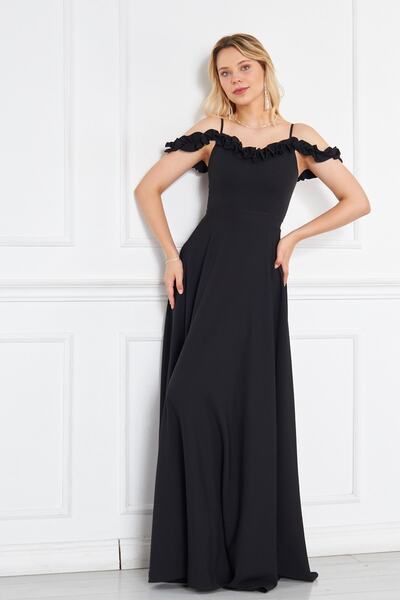 lovebox Atlas Fabric Nastavitelný popruh Volán Detailní límec Skládaný Maxi Černé večerní šaty 421