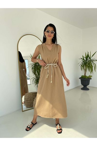 Elif Özbey Butik Αμάνικο φόρεμα με ζωσμένο σχοινί καμήλα