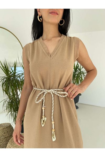 Elif Özbey Butik Αμάνικο φόρεμα με ζωσμένο σχοινί καμήλα