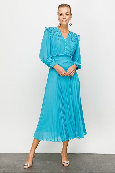 Nefeli Custom Stone Embroidered Pleated Dress
