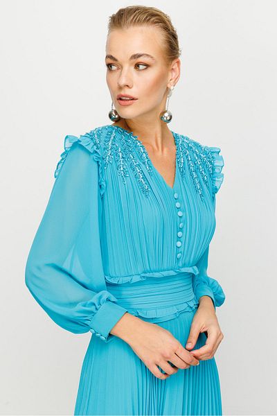 Nefeli Custom Stone Embroidered Pleated Dress