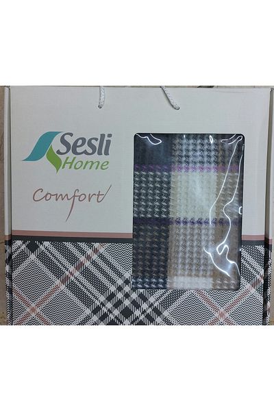 SESLİ HOME SOUND COMFORT COTTON SCOTCH BLANKET - 23266 - SMOKE / MINK / PURPLE / CREAM