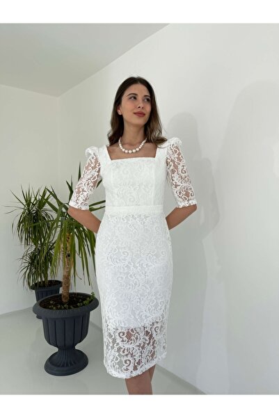 Elif Özbey Butik Beyaz Dantel İnci Kolyeli Abiye