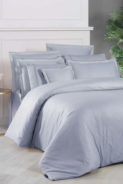 Sarev Set cuvertură de pilota din satin 100% bumbac, albastru, cu dungi jacquard