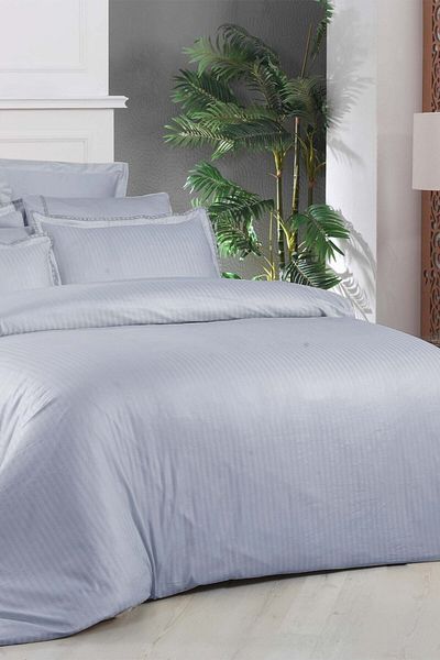 Sarev Set cuvertură de pilota din satin 100% bumbac, albastru, cu dungi jacquard
