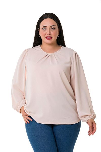 DISENTIS MODEST Plus Size Sleeve Elastic Collar Pleated Powder Blouse