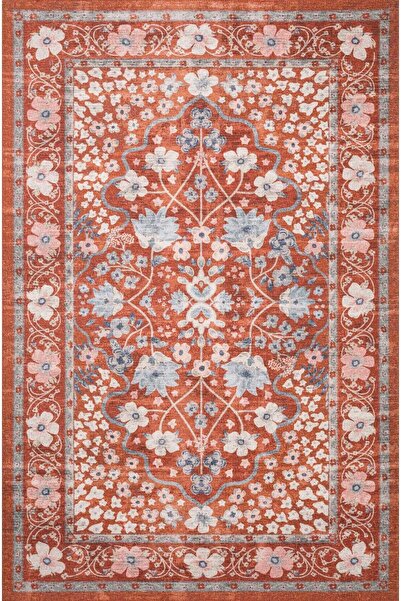 Rugs Modern Halı Kiremit Renk Mavi Çiçekli RF Dokuma Taban Dijital Baskılı Ha...