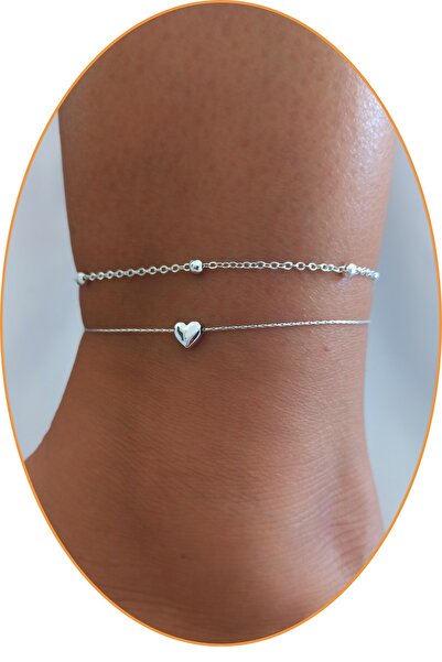 DENİZDENAL Silver Kalpli Halhal 2li Set