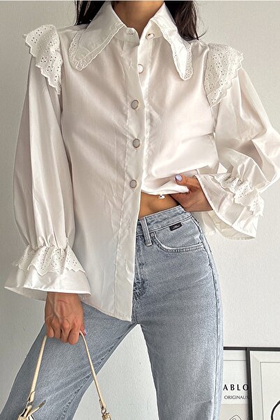 FEMELLE Női fehér kötény gallér gombos, részletes Princess Sleeve pamut ing