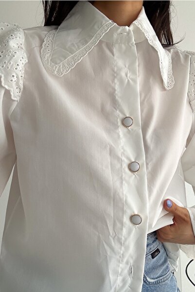 FEMELLE Női fehér kötény gallér gombos, részletes Princess Sleeve pamut ing