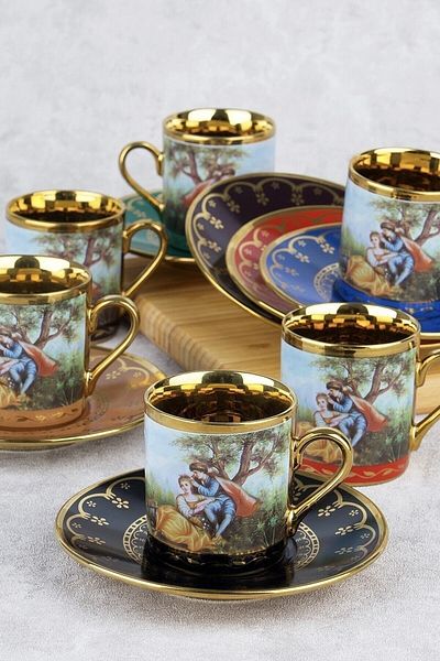 ACAR Colorful Gold 6-Person Porcelain Coffee Cup Set with Baroque Figures 0108