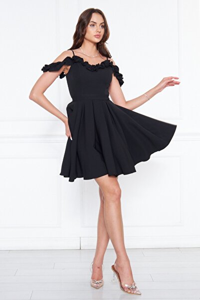 NO48 Rochie de seară mini evazată plisată din țesătură țesătură cu detaliu cu volane