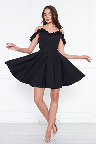 NO48 Rochie de seară mini evazată plisată din țesătură țesătură cu detaliu cu volane