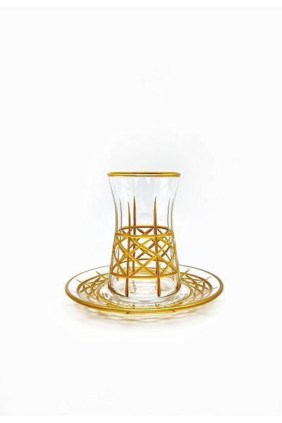 ÖzcamKristal 12 Piece Cut Decorated Tea Set for 6 People
