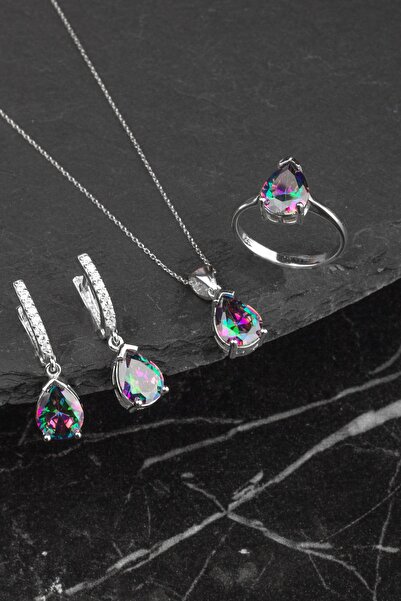 byess 925 Ayar Gümüş Topaz Taşlı Damla Set