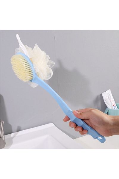 ERA SABUN Bath Shower Body Brush and Washcloth Double Sided Soft Long Handle Back Scrub Massage Brush Blue