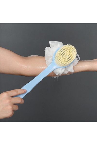 ERA SABUN Bath Shower Body Brush and Washcloth Double Sided Soft Long Handle Back Scrub Massage Brush Blue