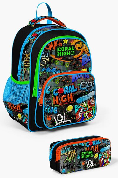 Coral High Kids Black Blue Graffiti Patterned 2-Piece School Bag Set SET0214415