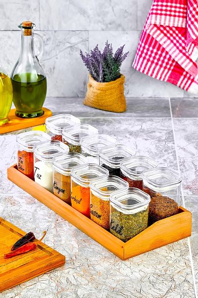FBZhome Luxury Mica Spice Bowl Set with Wooden Stand - 12 Pieces with Leak Proof Lid (6 x 200 Ml - 6 x 250 Ml)