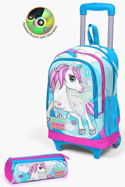 Coral High Set de genți pentru copii, albastru neon, roz, unicorn cu model, 2 piese, cu racletă SET0223911