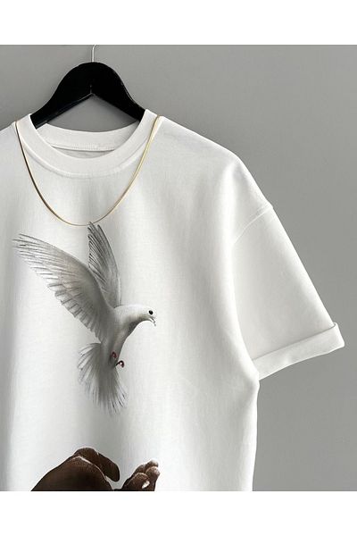 Keywest Tricou oversize din bumbac cu decolteu rotund cu imprimeu porumbel