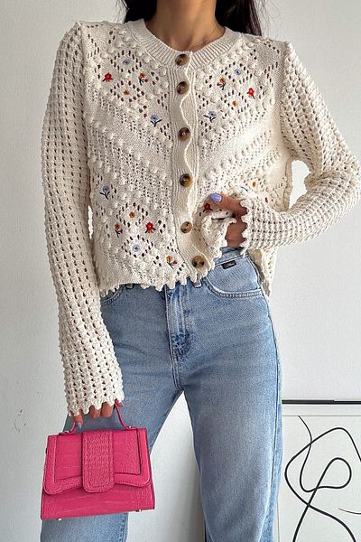 FEMELLE Cardigan de damă, brodat cu nasturi, mărime standard, tricotaj ajurat