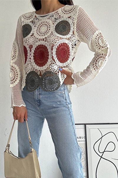 FEMELLE Women's White Crochet Standard Size Lace Blouse