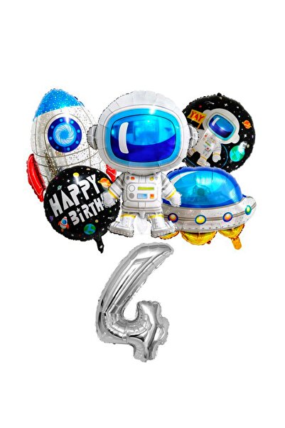 PARTİAVM Astronot Roket Uzay Gemisi Ufo Temalı Gümüş Rakamlı Balon Seti