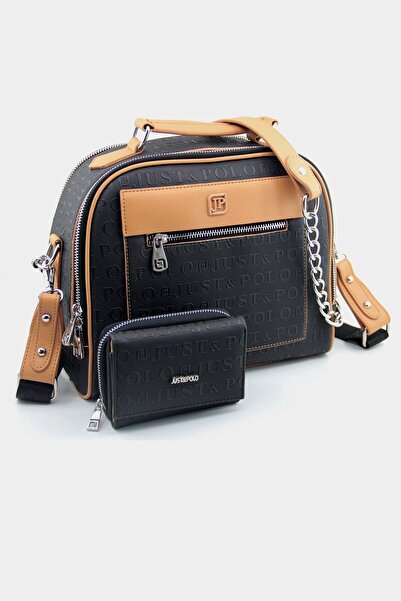 Just Polo Black Tan 4 Compartment Shoulder and Crossbody Bag and Wallet Combination 24x29c PBU4025-1002