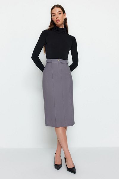 Trendyol Collection Šedá podrobná midi tkaná sukně s rovným střihem TWOAW24ET00038