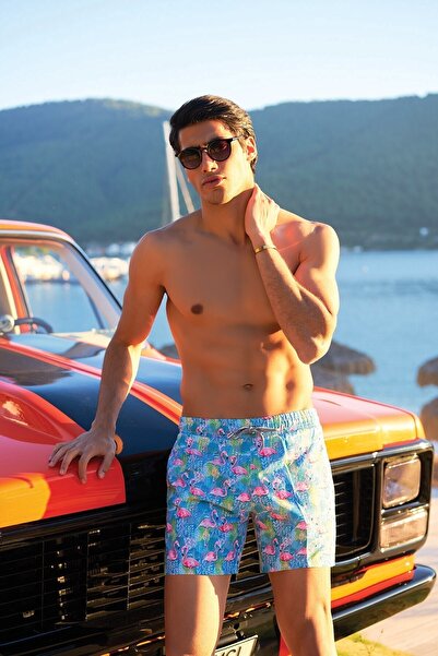 Deafox Сини мъжки бански шорти с шарка на фламинго