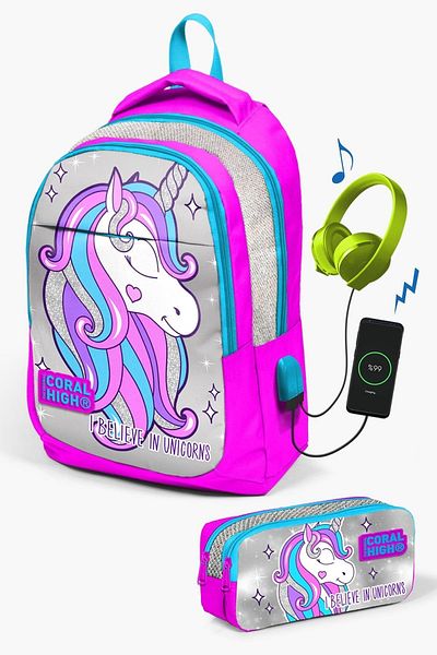 Coral High Set de 2 genți de școală cu sclipici argintiu cu model unicorn roz - SET cu USB 0223412