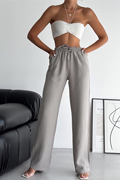 FEMELLE Dámské šedé kalhoty New Season s dvojitou kapsou se stahovací šňůrkou v pase z modalové tkaniny se širokými nohavicemi