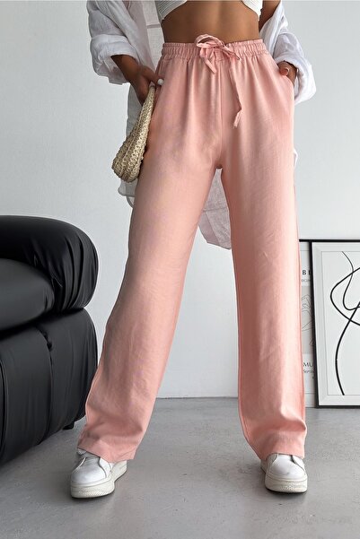 FEMELLE Women's Powder New Season Double Pocket Drawstring Waist Modal Fabric Wide Leg Trousers