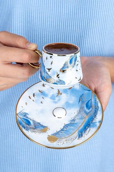ACAR Elenor Bird and Feather Patterned Colorful 6-Person 95cc Porcelain Coffee Cup Set 0129