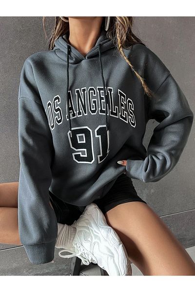 Black Sokak Blacksokak Women's Los Angeles 91 Printed Oversize Smoked Hooded Sweatshirt