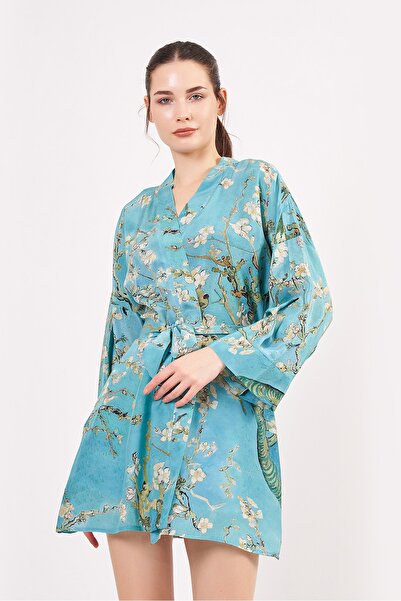 Nomads Felt Saf İpek Kısa Kimono Kaftan | Van Gogh Badem Ağacı Turkuaz | Noma...
