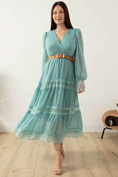 PULLIMM Довга шифонова сукня з мереживом 7227